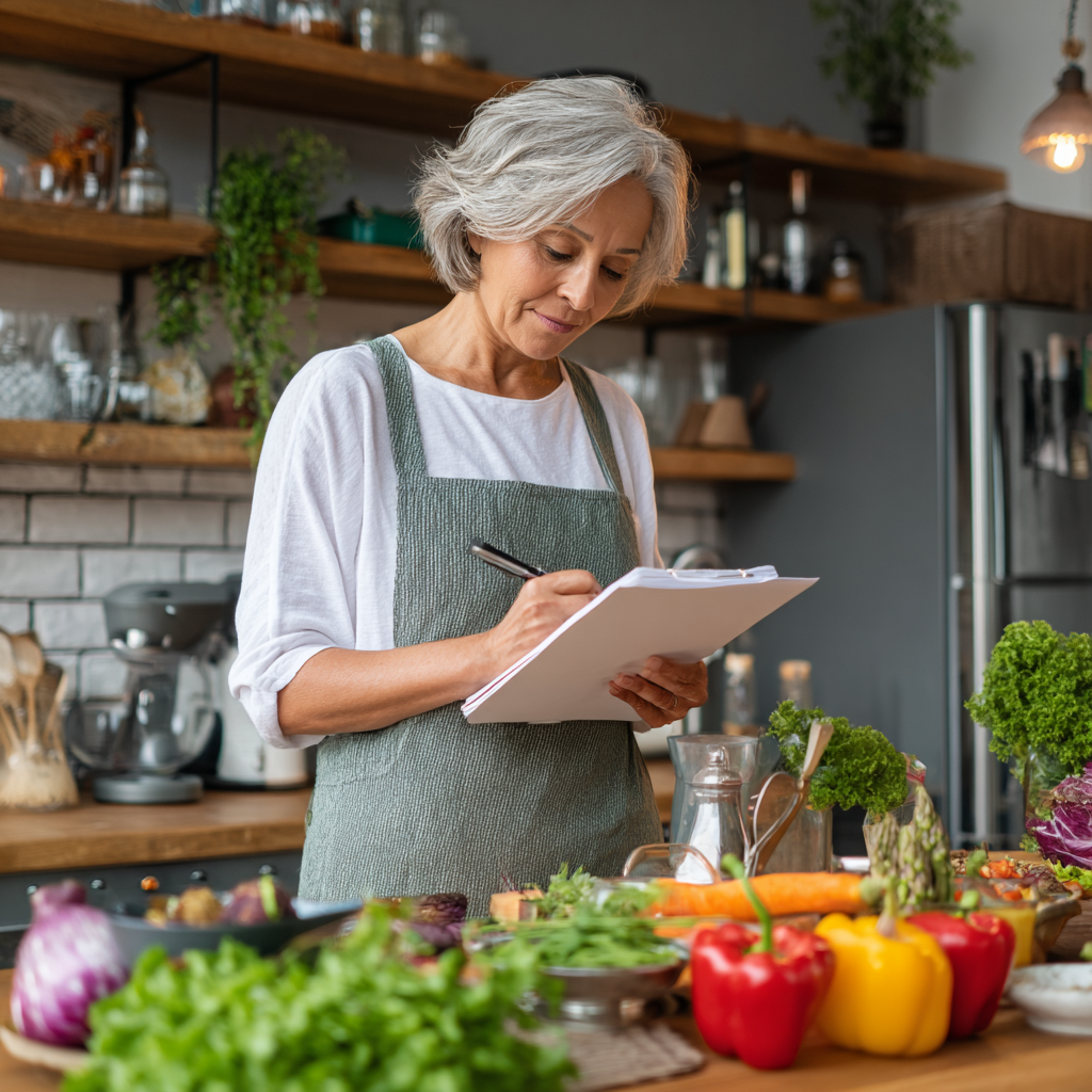 middle-aged woman planning healthy meals in a modern kitchen
