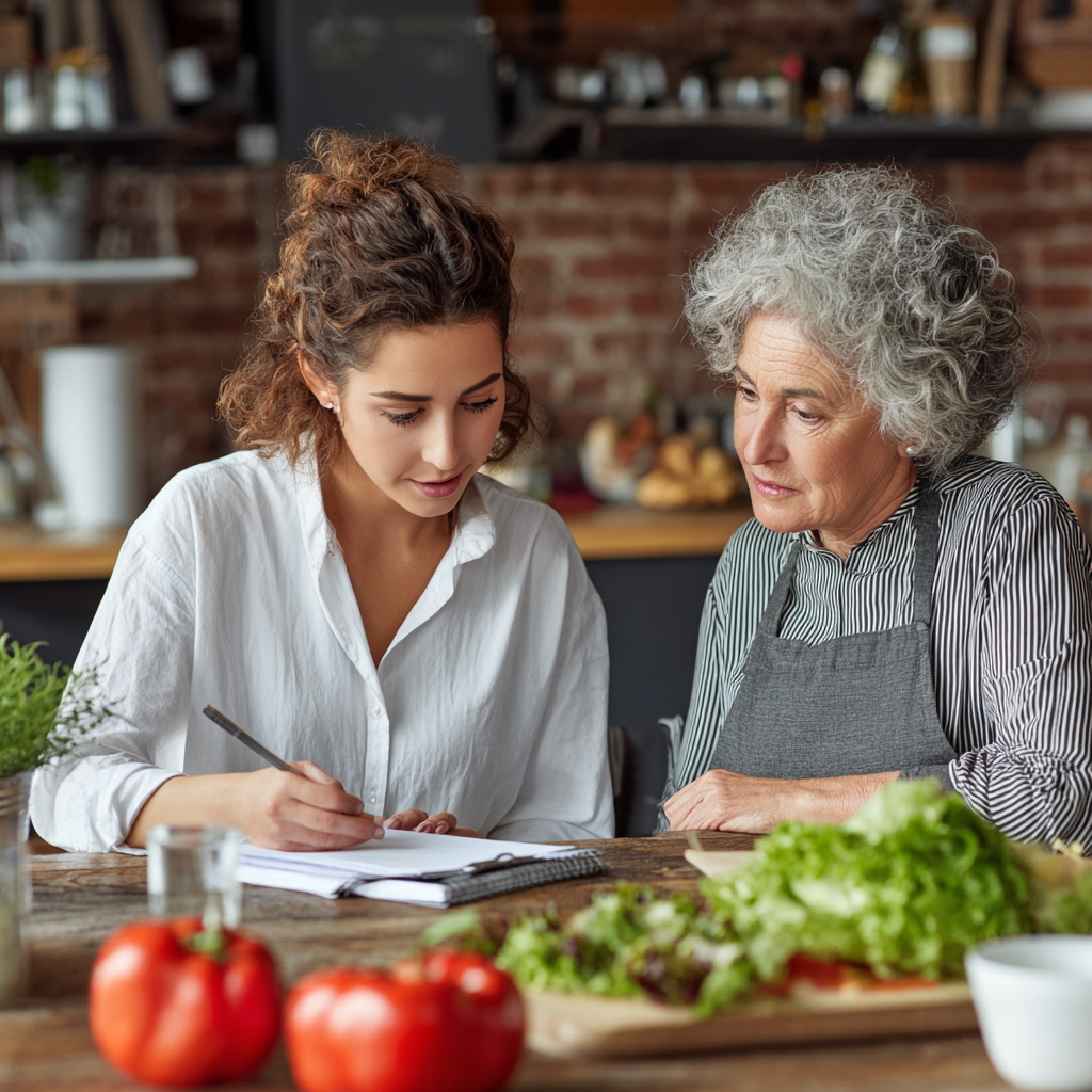 professional nutritionist consulting with a mature adult about meal planning
